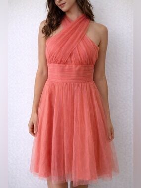 Christina Wu Coral Tulle Halter Midi Dress Size 0 Coquette Fairycore Romantic